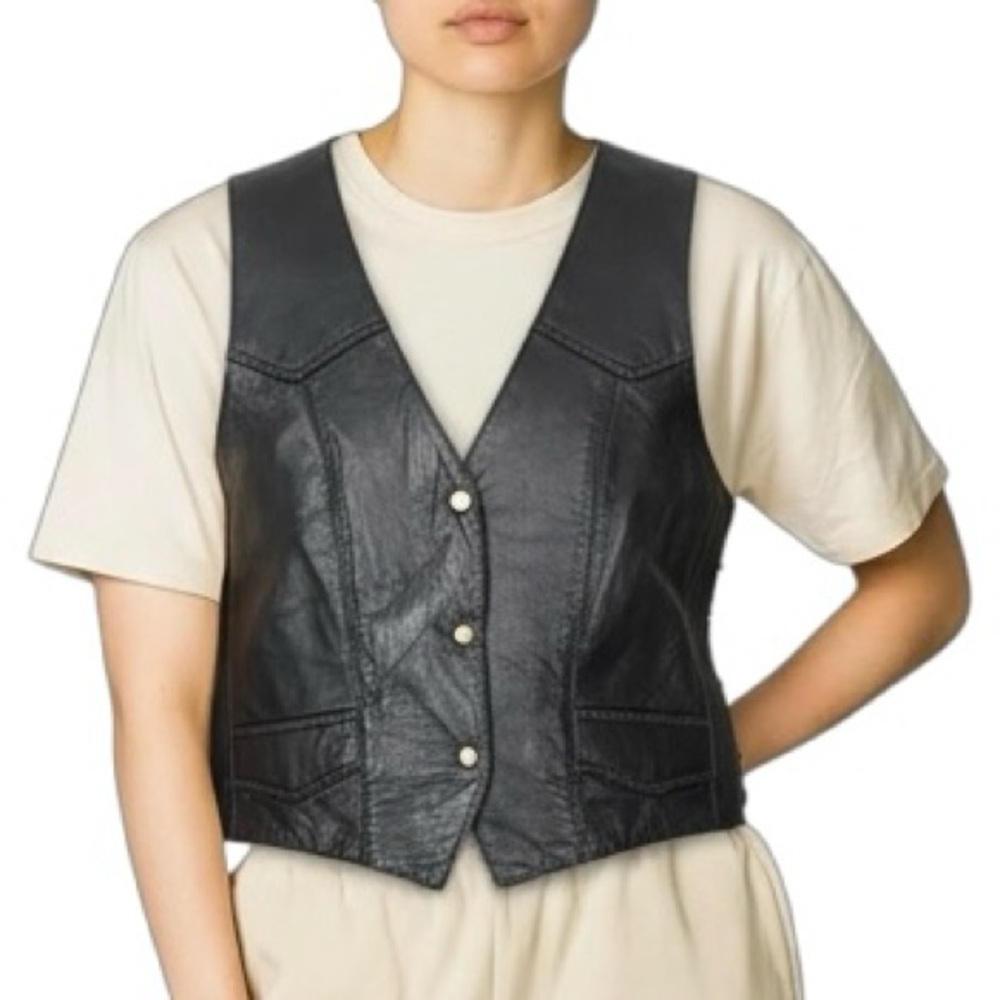 Vtg Le Cuir Niko Leather Biker Vest Black Size L, Eagle Embrossed Braided Detail
